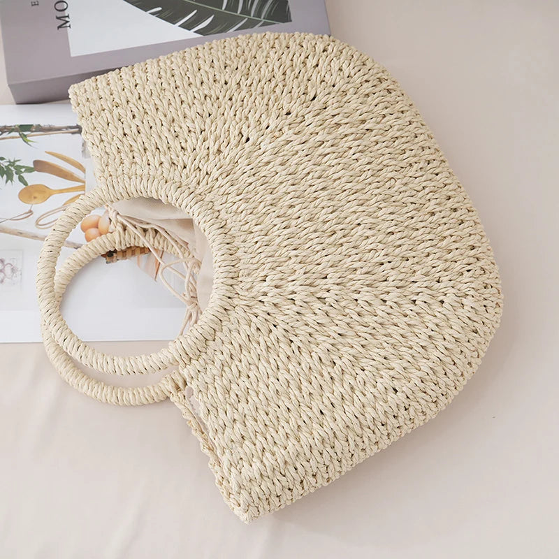 Large Half-Moon Straw Bag – Handmade Women Beach Basket Handbag