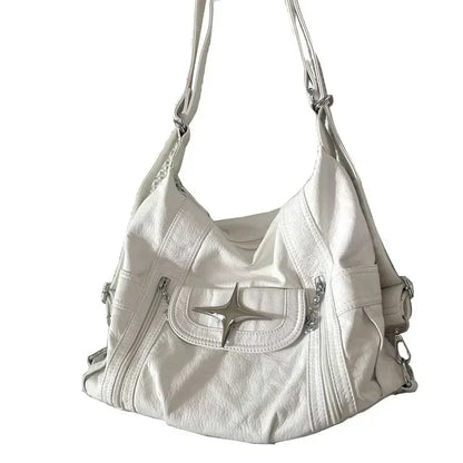 Y2K Star Shoulder Bag – White PU Leather Large Capacity Punk Handbag