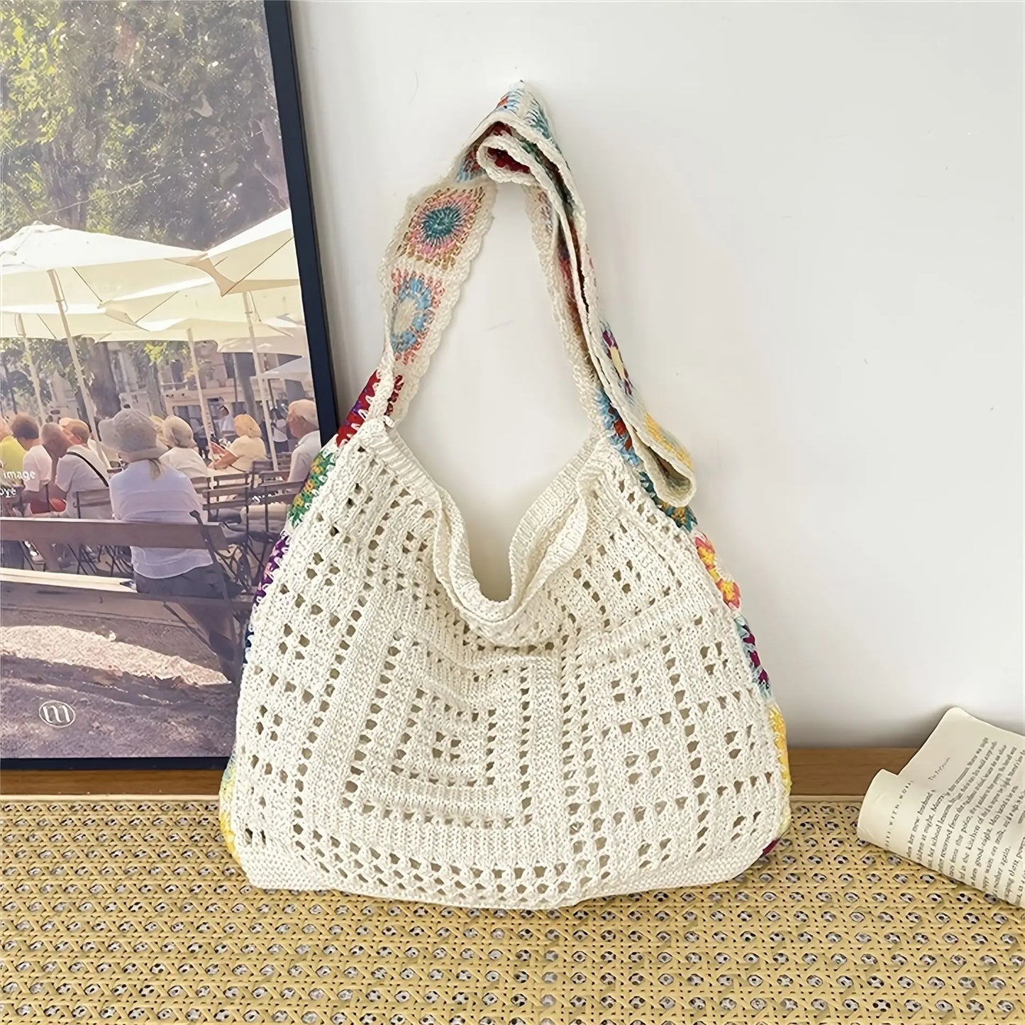 Boho Crochet Shoulder Bag – Floral Knit Large Tote