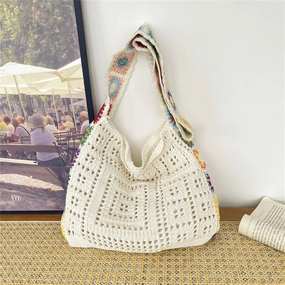 Boho Crochet Shoulder Bag – Floral Knit Large Tote