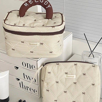 Quilted Bow Makeup Bag – Women's Large Capacity Cosmetic Pouch