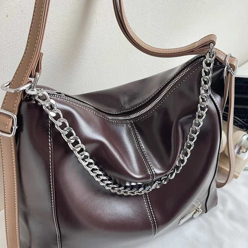 Moods Autumn Latest Backpacks Women Soft Pu Leather Pure Color Chain Shoulder Tote Bags Large