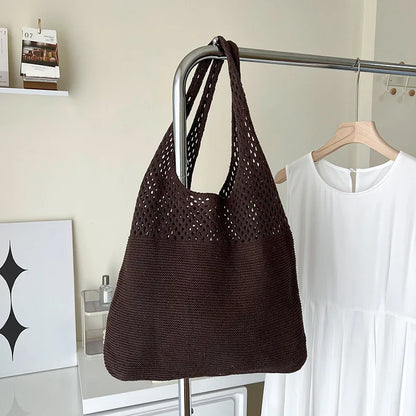 Hollow Knit Shoulder Tote Bag for Women – Large Capacity