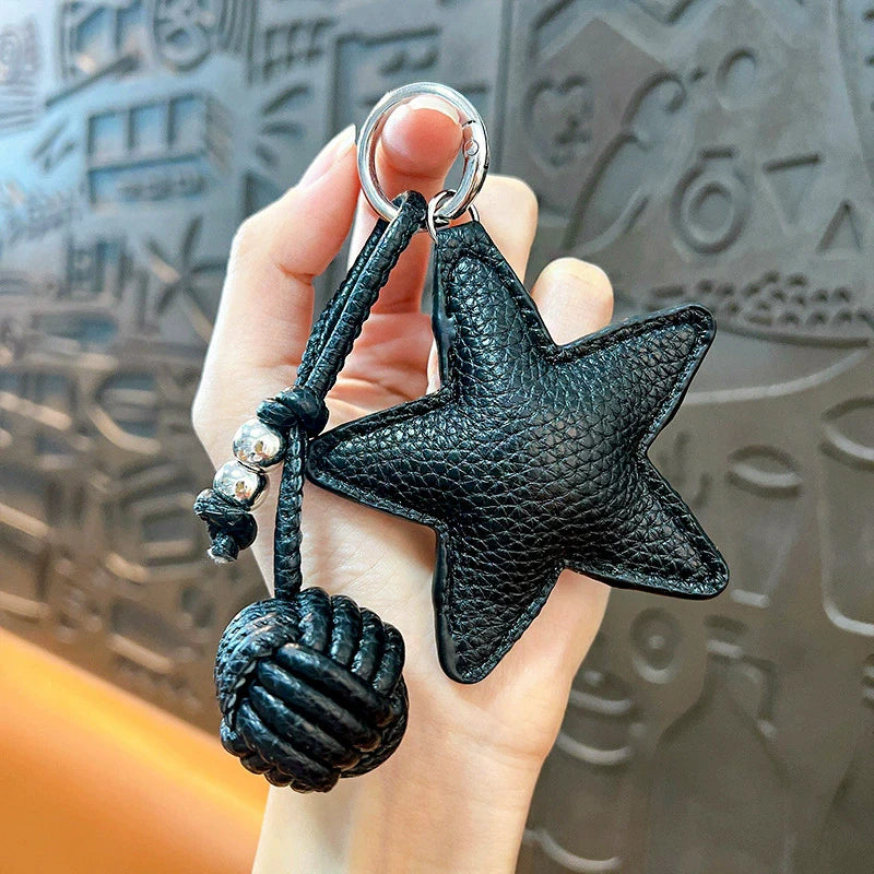 Star Leather Keychain Bag Charm with Woven Ball