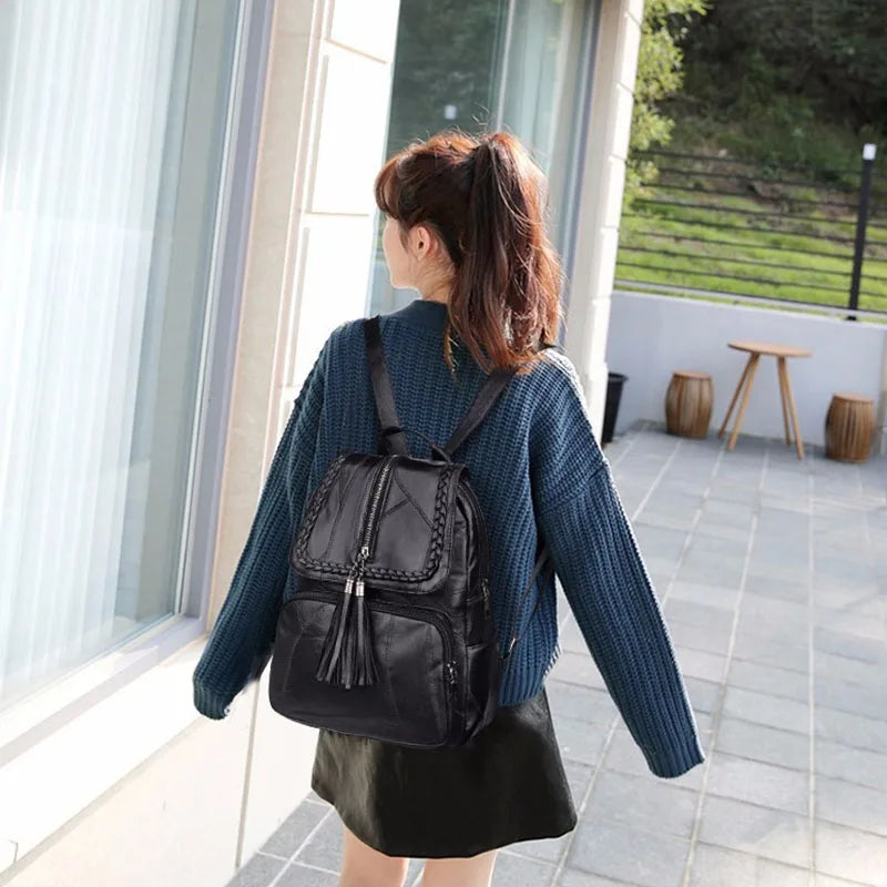 Women's PU Leather Backpack – Waterproof Tassel Travel Shoulder Bag