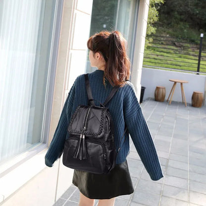 Women's PU Leather Backpack – Waterproof Tassel Travel Shoulder Bag