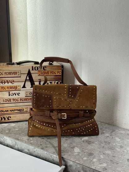England Style Faux Suede Bags Women Luxury Designer Handbags Purses Vintage Belt Buckle Top Handle