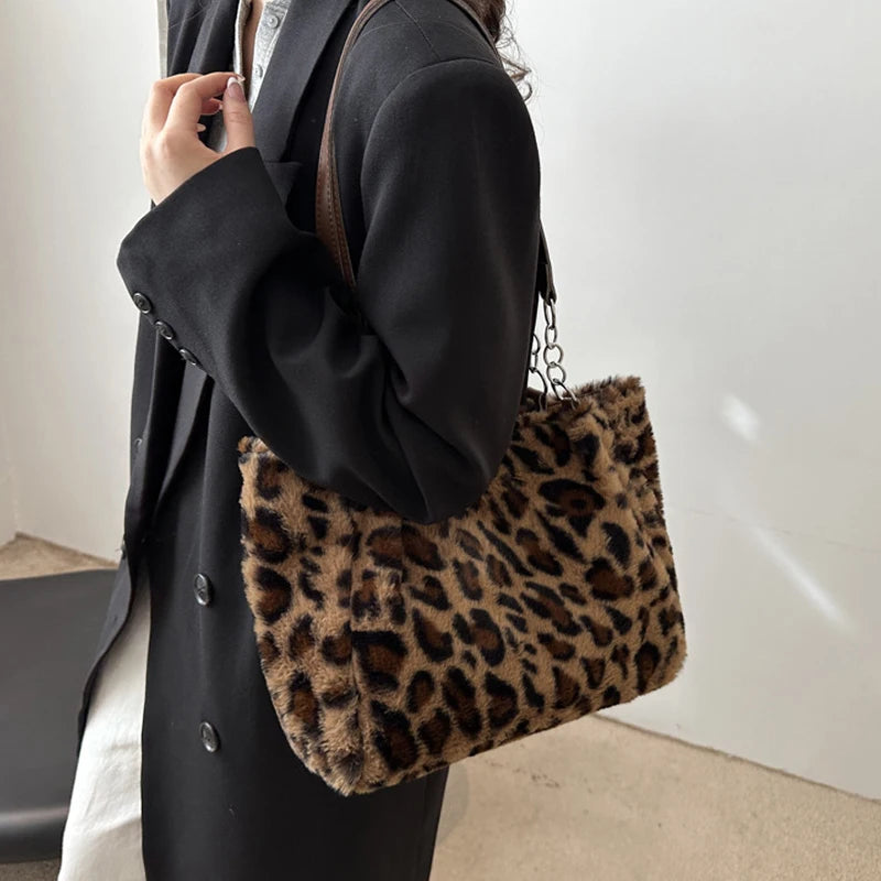 Leopard Print Fluffy Tote Bag – Women's Large Faux Fur Handbag