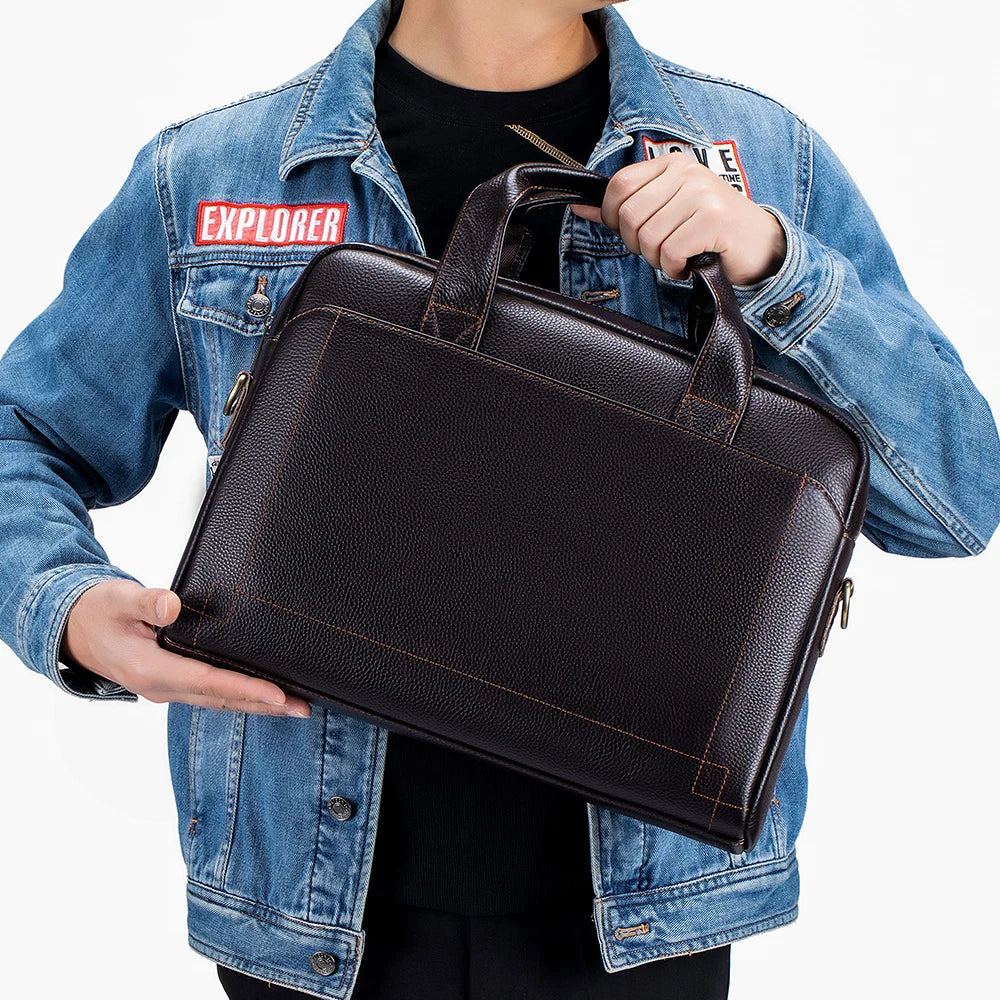 Leather Laptop Bag for Men, Genuine Cowhide Briefcase Messenger Bag