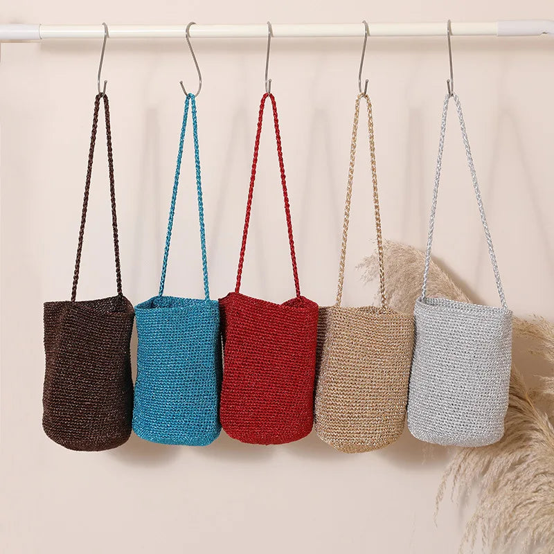 Handwoven Straw Bucket Bag – Boho Crossbody Tote