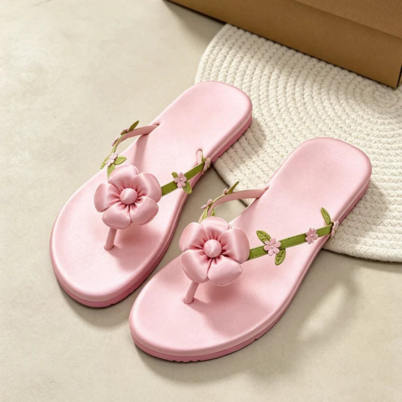 Floral Flat Sandals for Women – Satin Flower Flip-Flops
