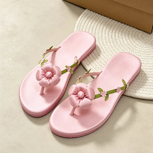 Floral Flat Sandals for Women – Satin Flower Flip-Flops