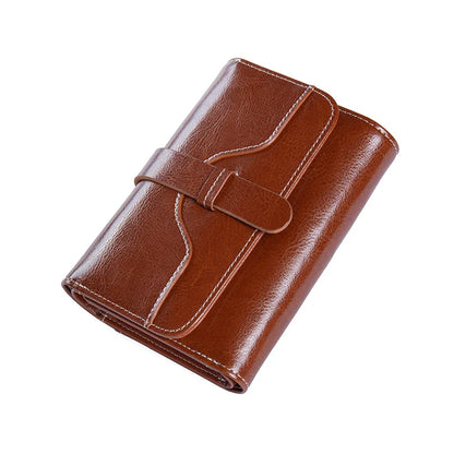 Genuine Leather Women's Tri-Fold Wallet – Oil Wax Snap