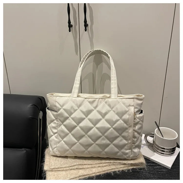 Women Autumn Winter Simple Large Capacity Tote Bag Quilted Crossbody Shoulder Lightweight Casual
