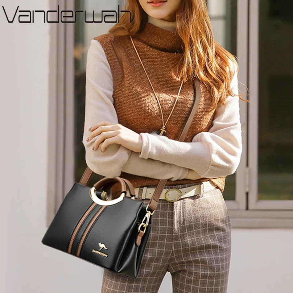 Genuine Leather Crossbody Bag for Women – 3-Layer Designer Shoulder Purse