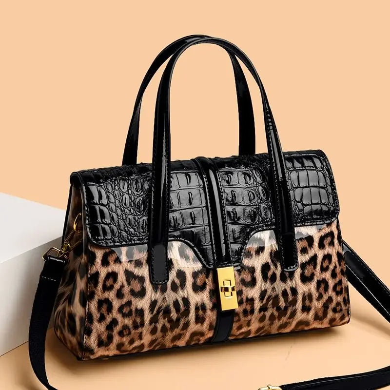 Leopard Print Patent Leather Handbag for Women