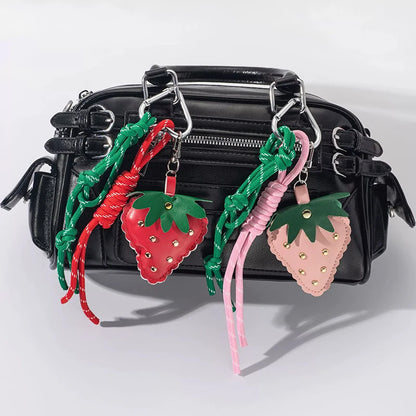 Strawberry Bag Charm Keychain – Leather Pendant & Rope Tassel