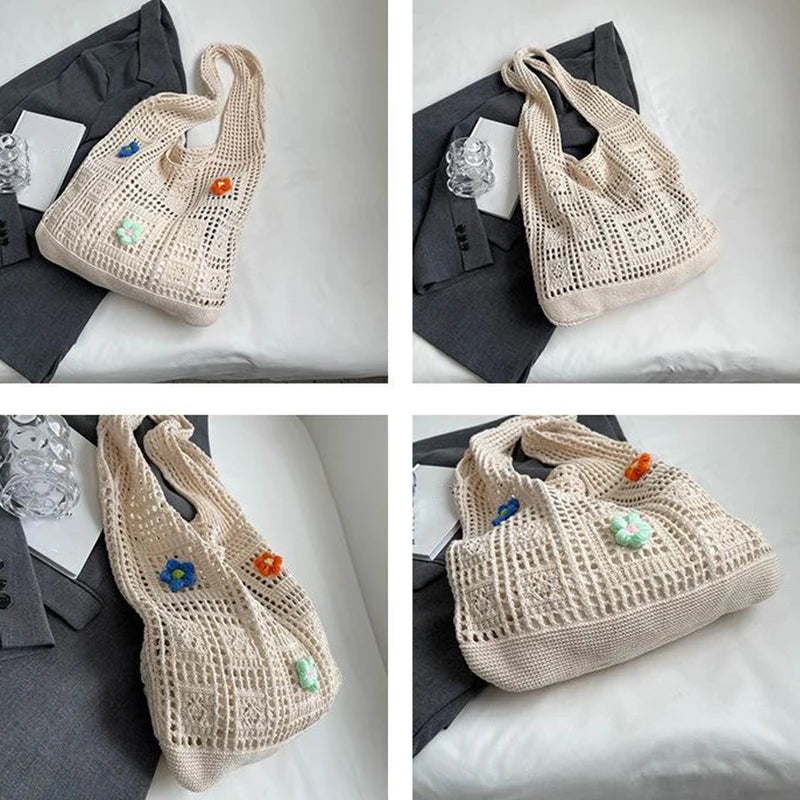 Knitted Tote Bag for Women – Flower Detail Summer Beach Bag