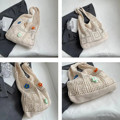Knitted Tote Bag for Women – Flower Detail Summer Beach Bag