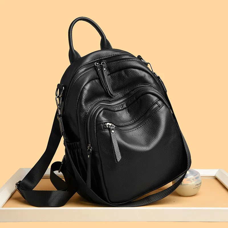 Genuine Leather Women Backpack – Triple-Zip Luxury