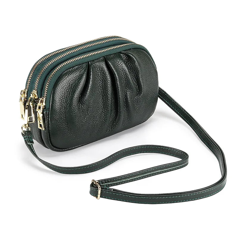 Genuine Leather Crossbody Bag – Multi-Zip Cowhide Shoulder Bag for Women