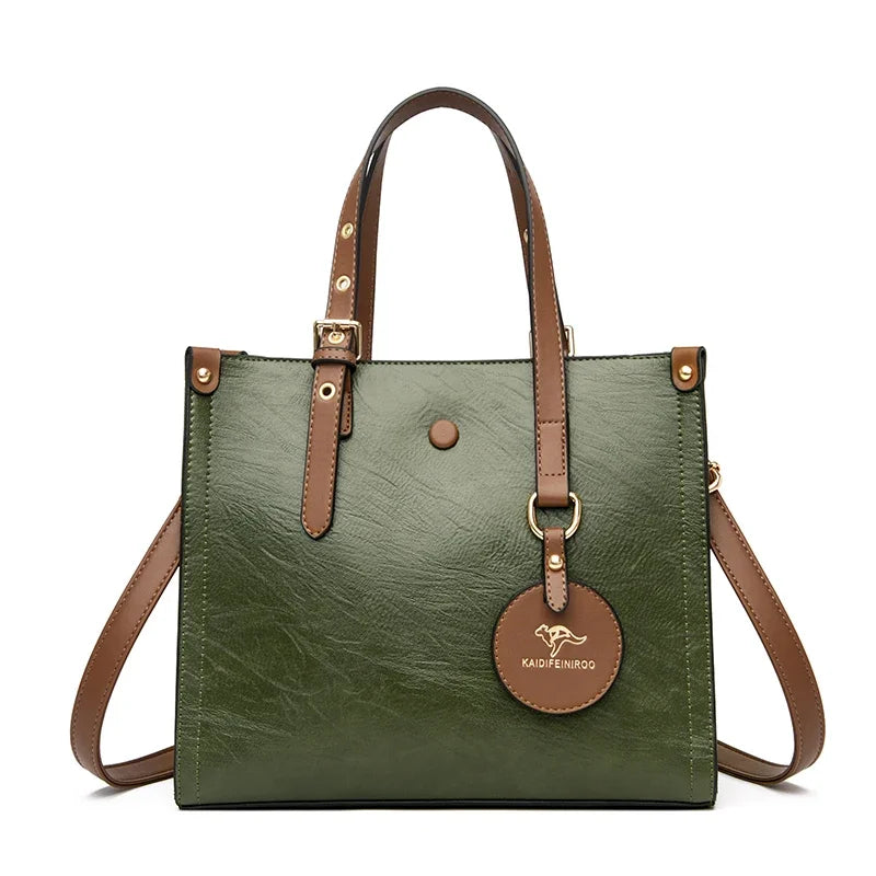 3-Layer Vintage Leather Tote Bag for Women