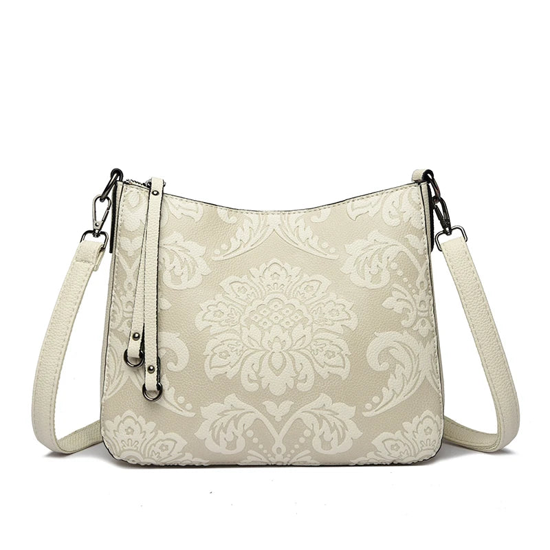 Retro Floral Embossed PU Leather Crossbody Bag for Women