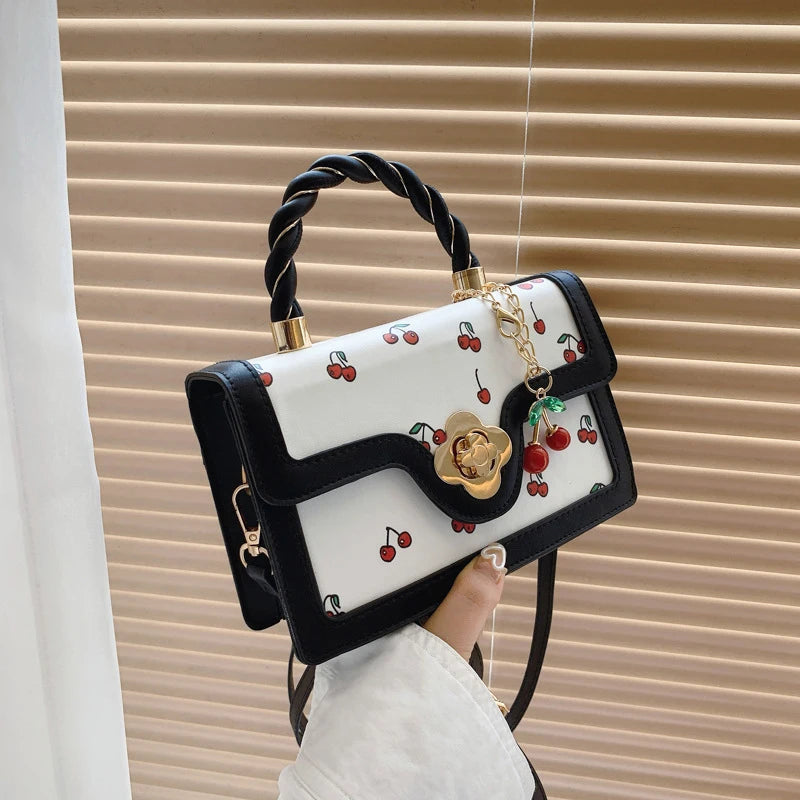 Cherry Print Crossbody Bag with Top Handle & Shoulder Strap