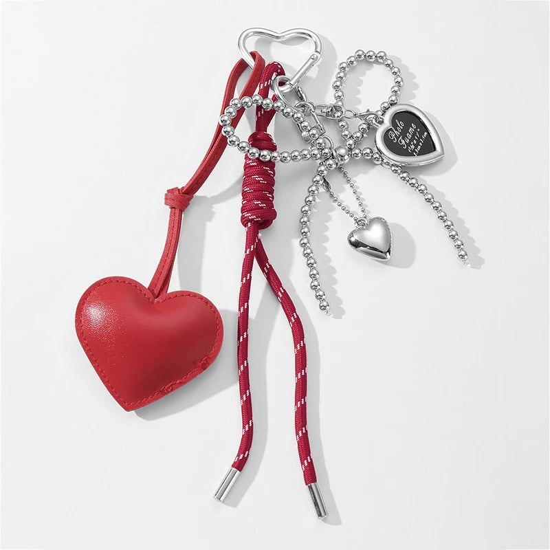 Heart Bow Keychain with Beaded Chain & Leather Pendant