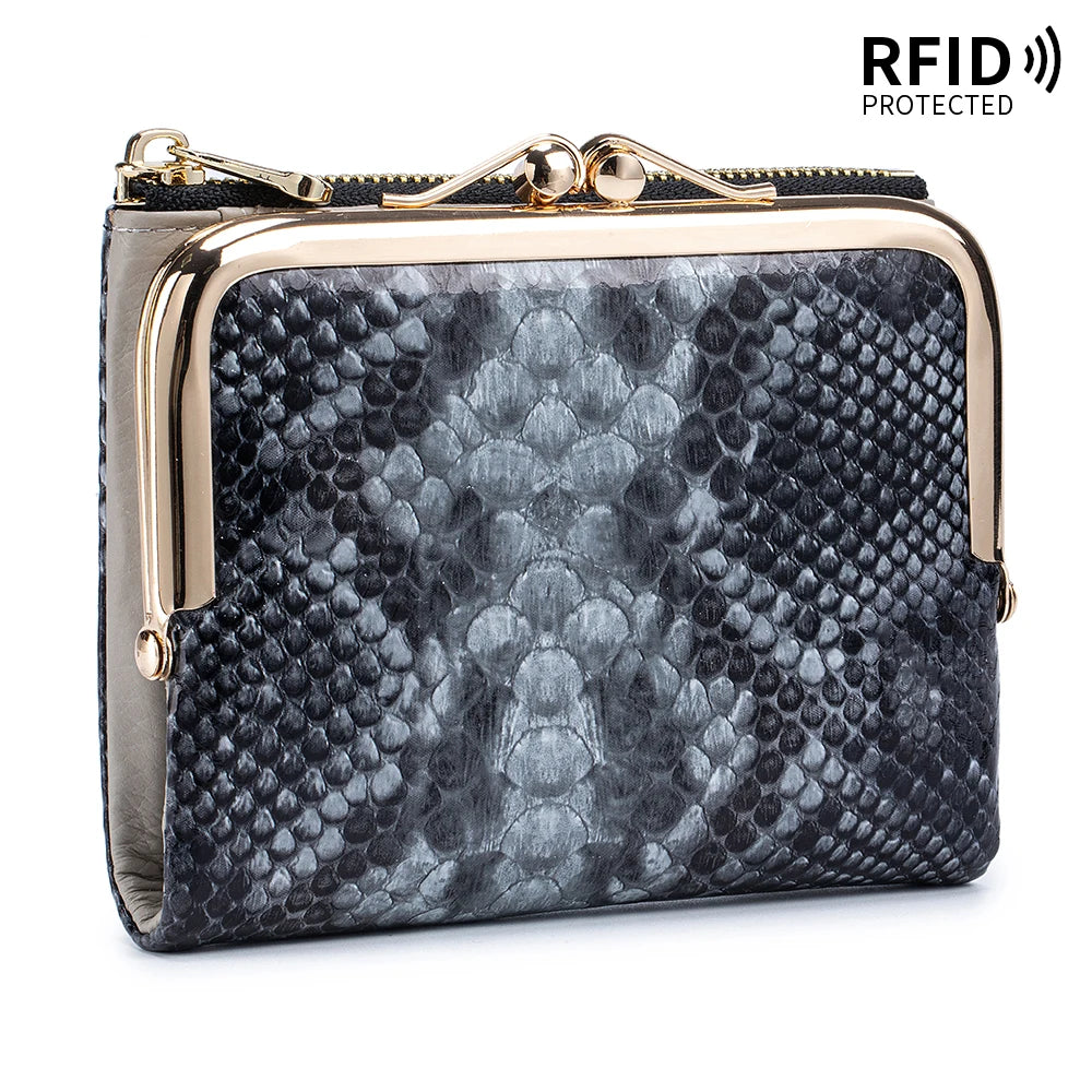 RFID Blocking Women's Genuine Leather Serpentine Clutch Wallet