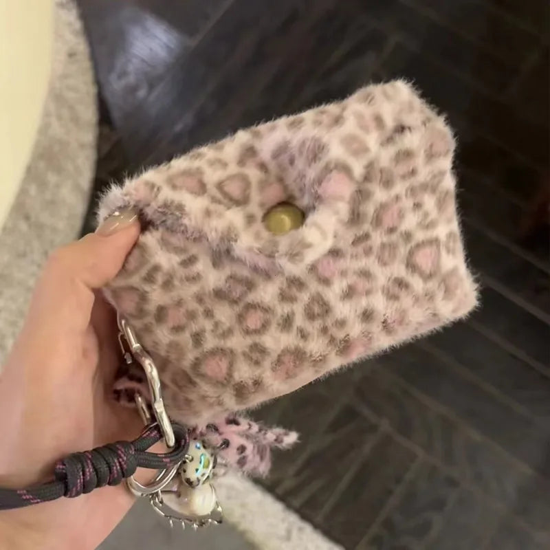 Plush Leopard Print Card Holder Wallet – Cute Fluffy Mini Purse