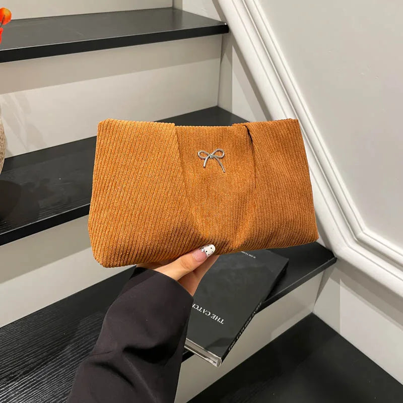 Bow Corduroy Cosmetic Bag Large Capacity Makeup Clutch Purse