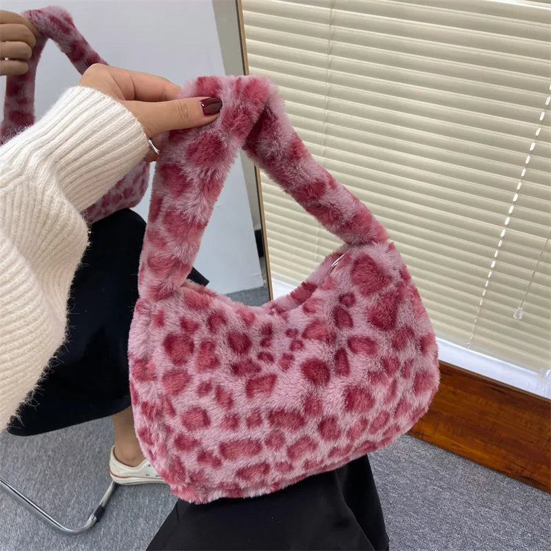 Fluffy Leopard Print Plush Bag – Women's Mini Shoulder Underarm Tote