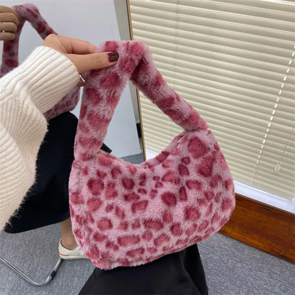 Fluffy Leopard Print Plush Bag – Women's Mini Shoulder Underarm Tote