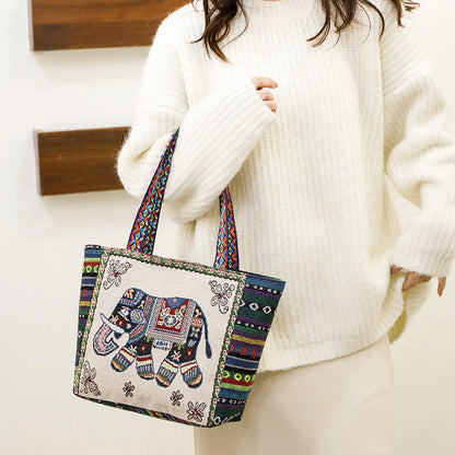 Embroidered Canvas Tote Bag – Ethnic Boho Shoulder Handbag