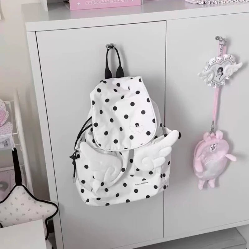 Y2K Polka Dot Backpack - 3D Angel Wings Kawaii Drawstring Bag for Girls