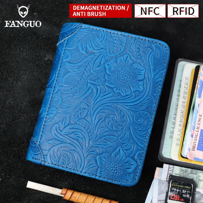 RFID Genuine Leather Men's Short Wallet – Floral Embossed Bifold