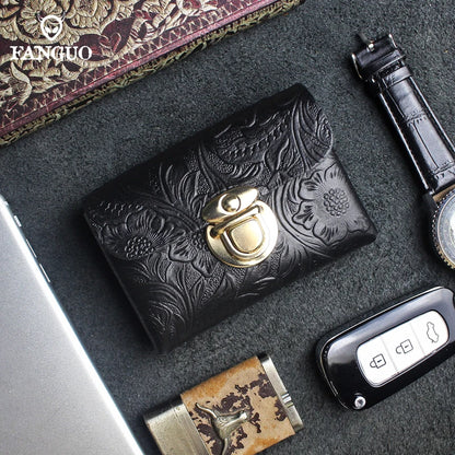 Genuine Leather Card Holder Wallet with Floral Embossing & Twist Lock