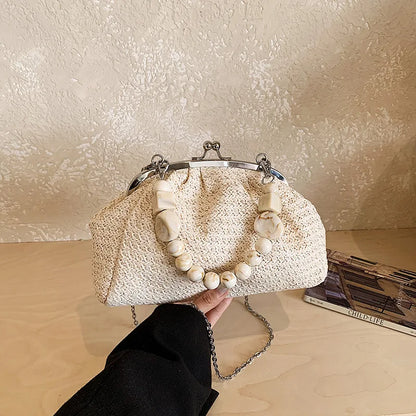 Kiss Lock Clutch Bag – Vintage Woven Beaded Handle Handbag