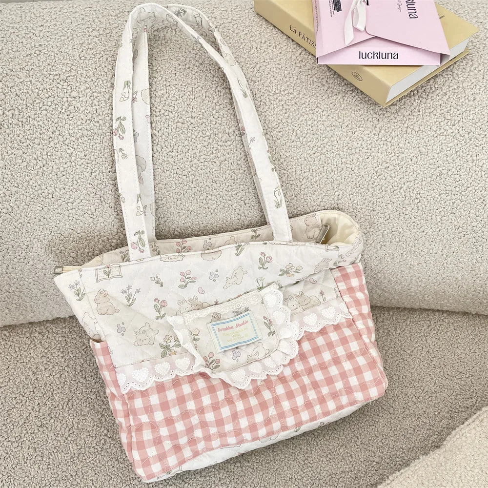 Kawaii Quilted Canvas Tote Bag – Lace Plaid Shoulder Handbag