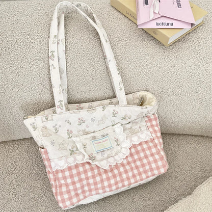 Kawaii Quilted Canvas Tote Bag – Lace Plaid Shoulder Handbag