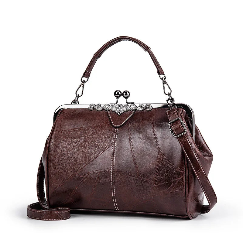 Luxury Leather Kiss-Lock Crossbody Handbag for Women