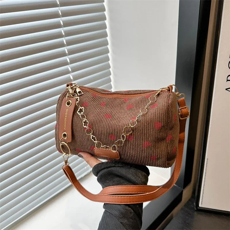 Strawberry Print Corduroy Crossbody Mini Bag for Women
