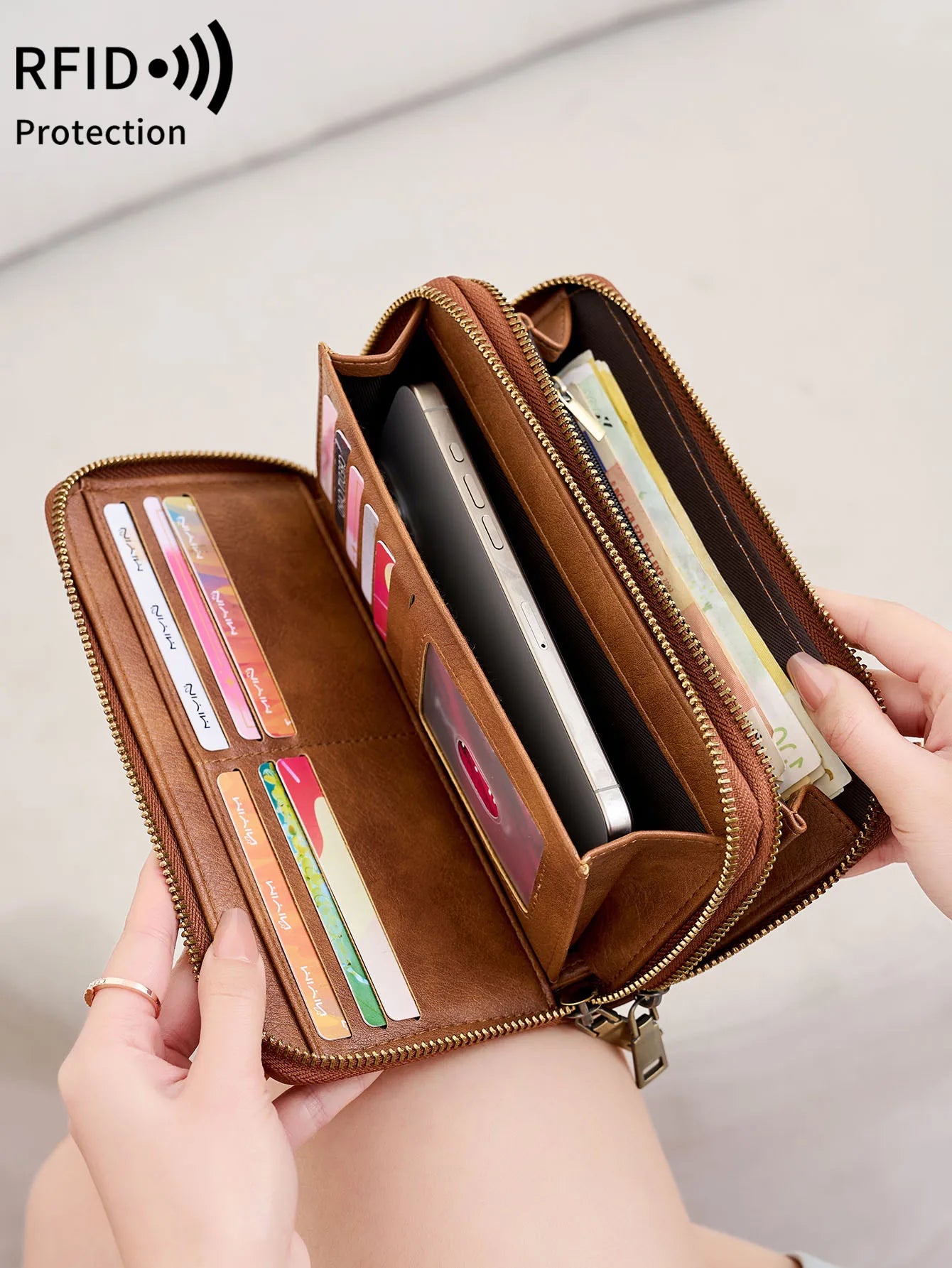 RFID Blocking Double-Zipper Wallet for Women – Vintage Large Capacity Card Holder
