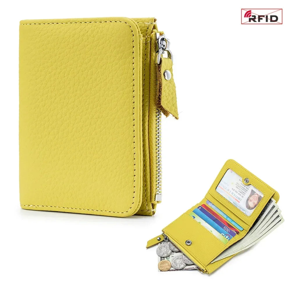 RFID Blocking Genuine Leather Wallet for Women – Short Bifold with Zipper Coin Purse
