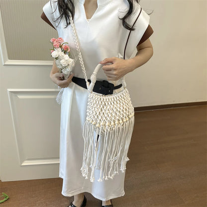 Moods Boho Style Shoulder Basket Bags Women 2-In-1 Yarn Knitted Drawstring Bucket Handbags Summer