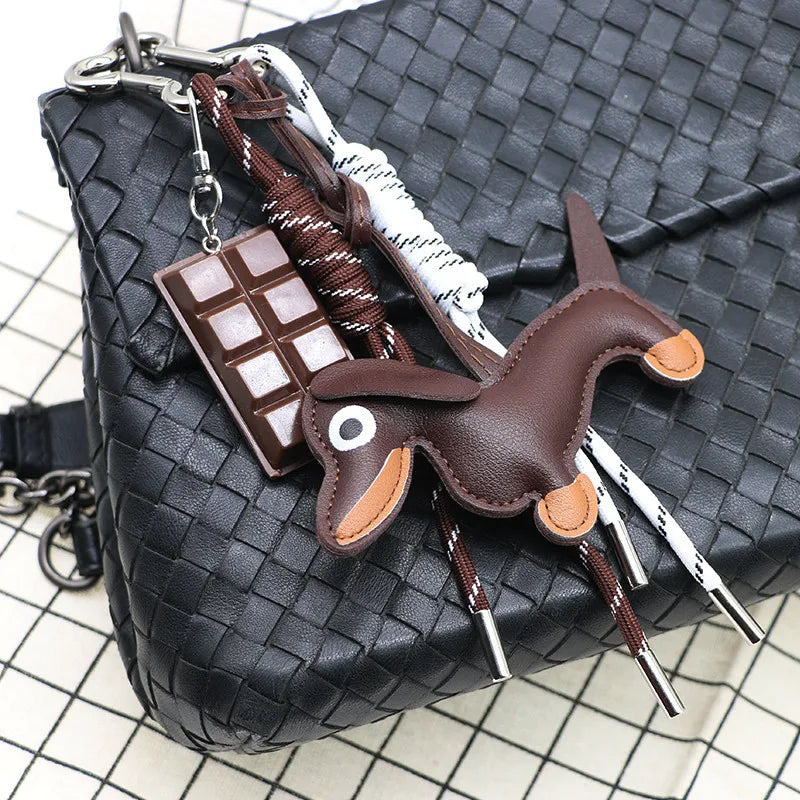 Dachshund Leather Bag Charm Keychain with Braided Rope & Chocolate Pendant