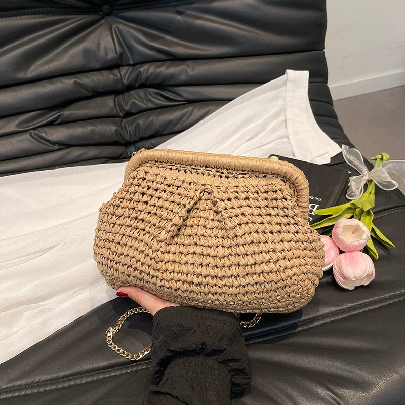 Straw Woven Pillow Clutch Bag – Gold Chain Shoulder Bag Women