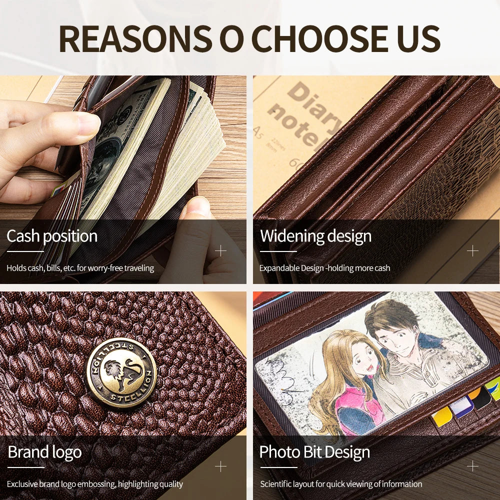Men's Genuine Leather Wallet – Crocodile Pattern, Large Capacity