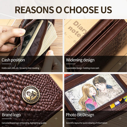 Men's Genuine Leather Wallet – Crocodile Pattern, Large Capacity